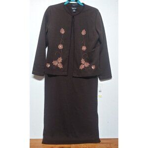 NWT Vintage Leslie Fay Sweater Dress Brown Sz PM Applique-details 2 pc knit LS